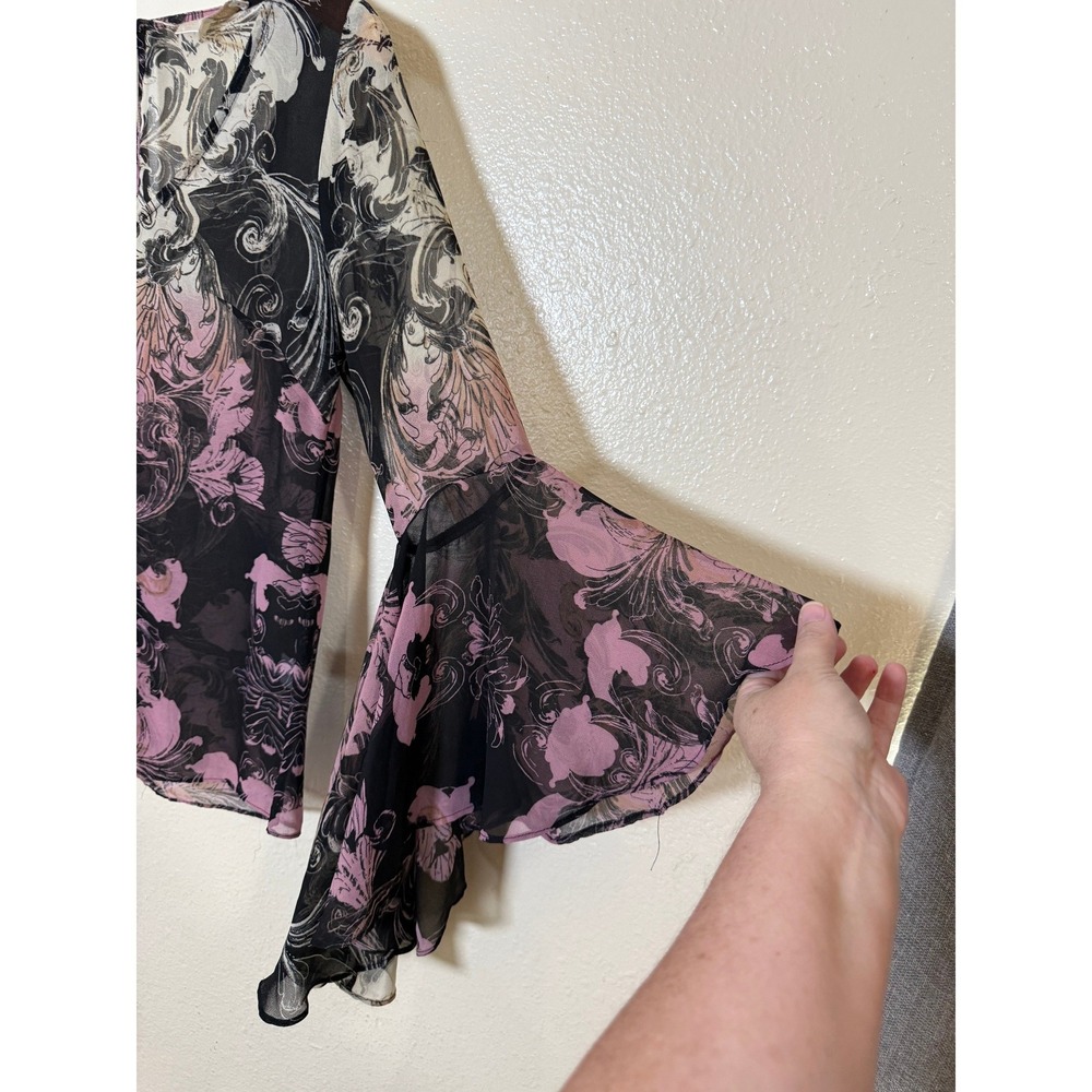 Boston Proper Women Blouse 2 Black Plum‎ Damask Bell Sleeve Whimsigoth Romantic - Picture 5 of 11